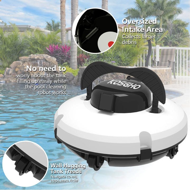 KOSGHO Cordless Robotic Pool Vacuum Cleaner w Motors Self-Parking Feature for Flat Ground Pools - Efficient Pool Cleaning Tool